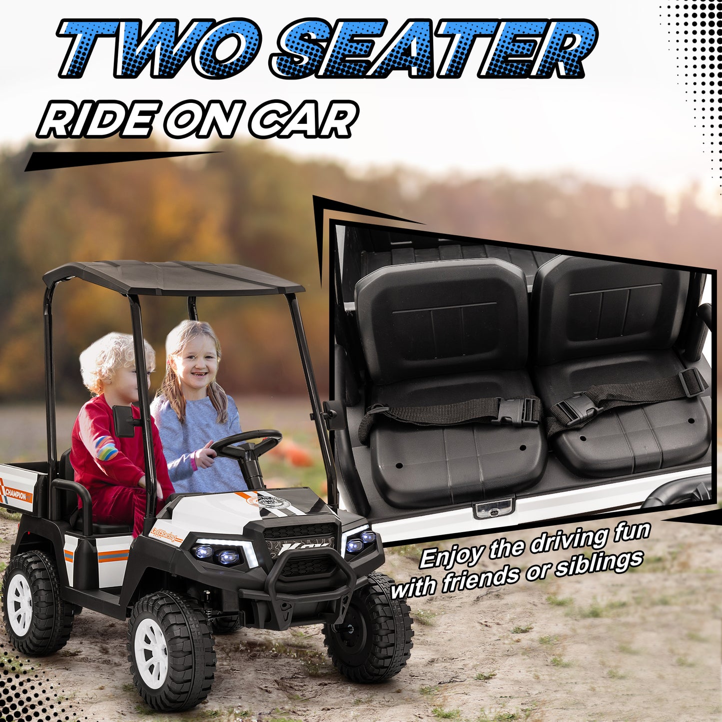 Qaba 24V 2-Seater Electric Ride-On Car for Kids with Remote Control, 4-Wheel Spring Suspension, Soft Start, Storage, Sun Visor, White