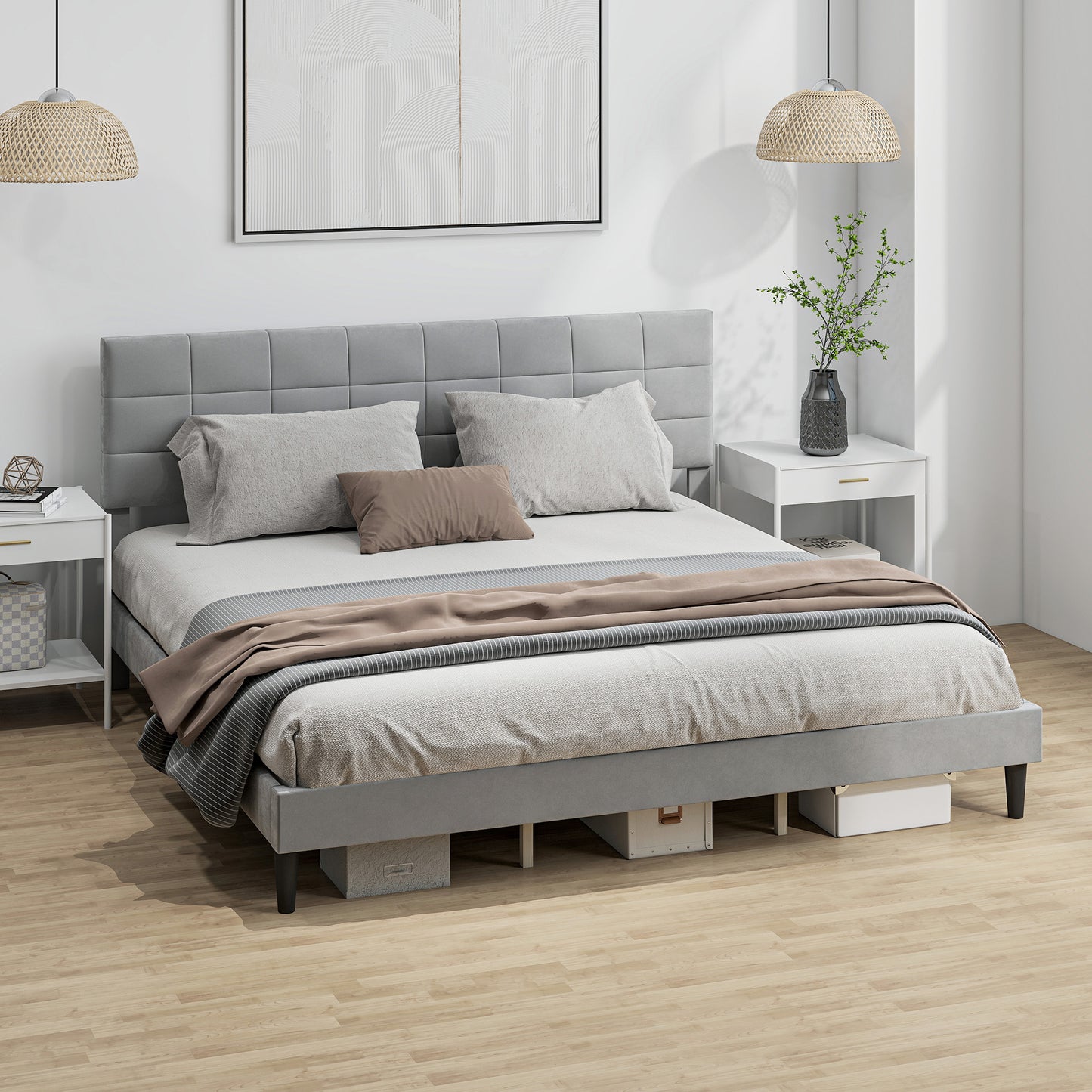 King size bed frame with upholstered headboard, wooden slats, 500 kg load capacity, grey