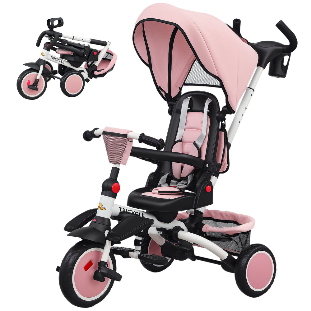 Tricycle 6 en 1 avec poignée de poussée, auvent amovible, siège pivotant, rose