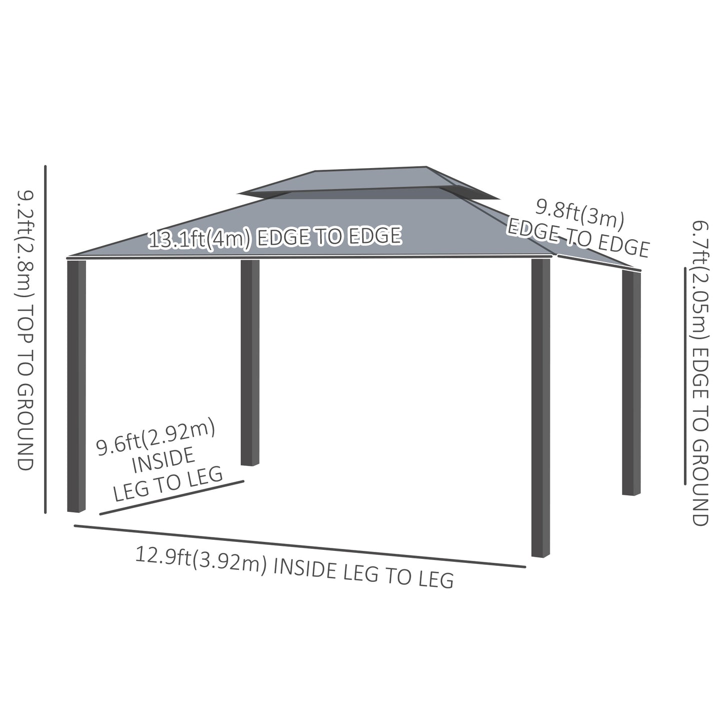 Gazebo 10'x13' couvert à deux niveaux en acier avec rideau, gris