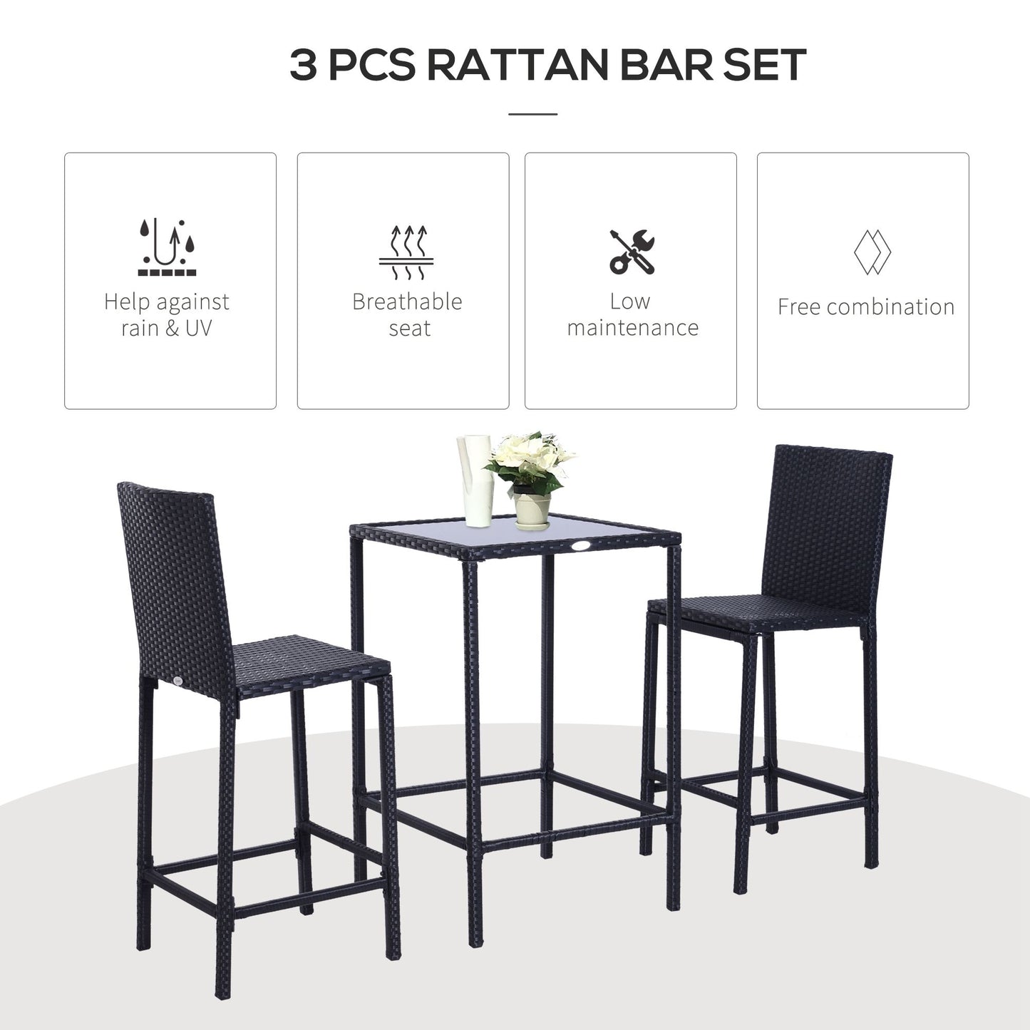 Outsunny 3 Piece Wicker Rattan Garden Bar Set, Bar Stool and Table for Patio, Garden, Balcony, Poolside, Black
