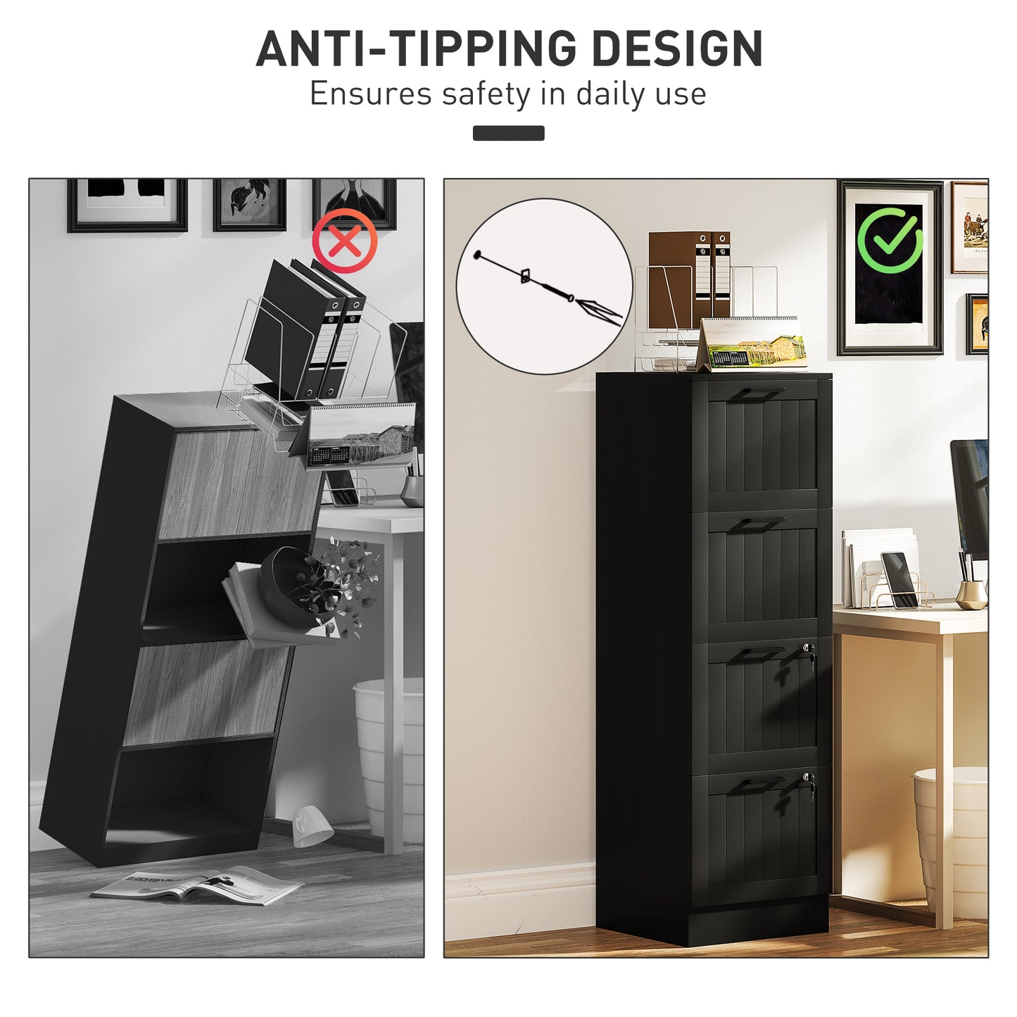 Classeur HOMCOM 4 tiroirs avec serrure, armoire de rangement de bureau avec barres de suspension réglables pour dossiers format A4, noir