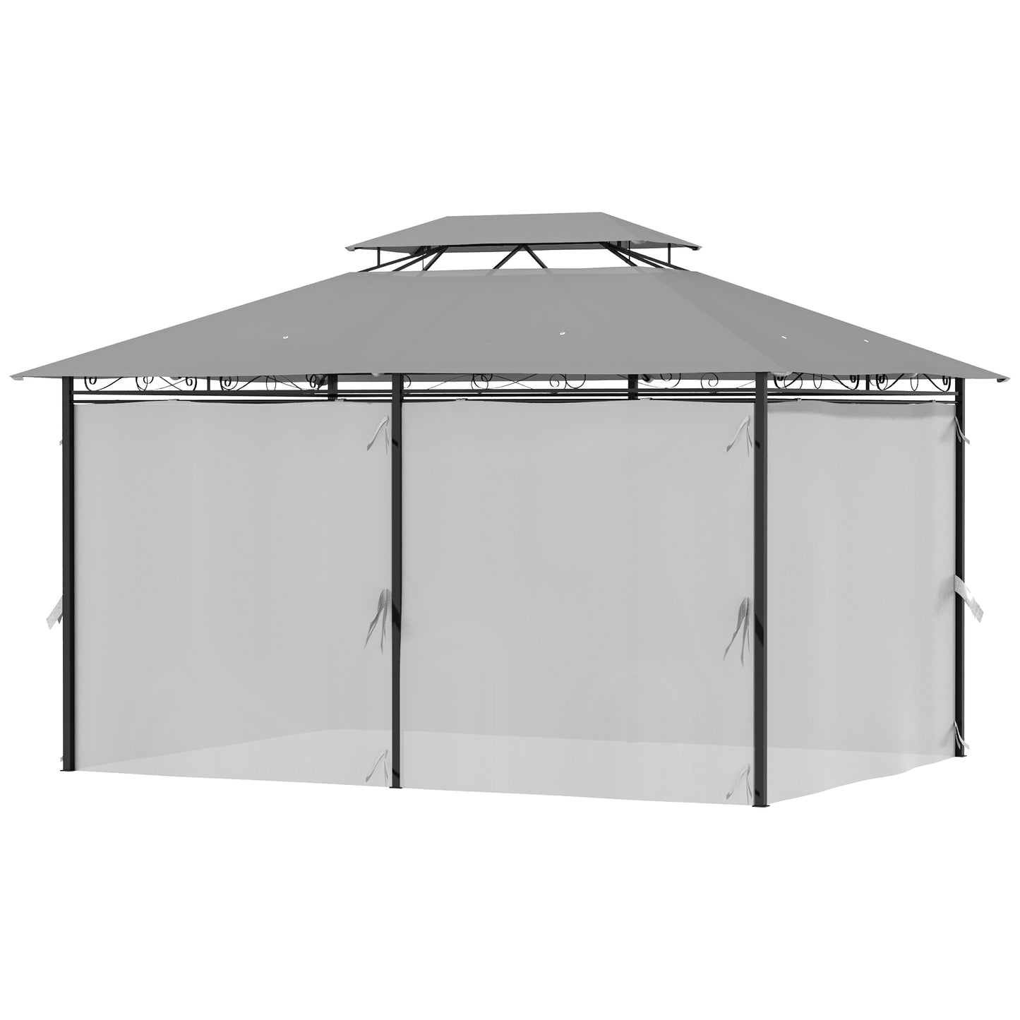 Gazebo 10' x 13', abri pare-soleil extérieur à 2 niveaux avec rideaux, gris foncé