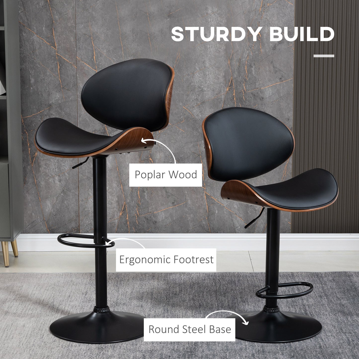 Set of 2 Modern PU Leather Adjustable Swivel Bar Stools with Curved Backrest, Steel Footrest and Base, Black