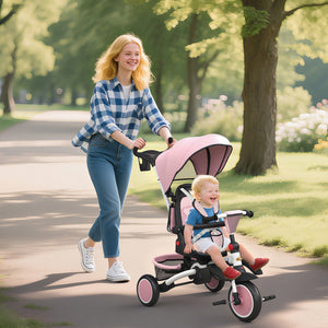 Tricycle 6 en 1 avec poignée de poussée, auvent amovible, siège pivotant, rose