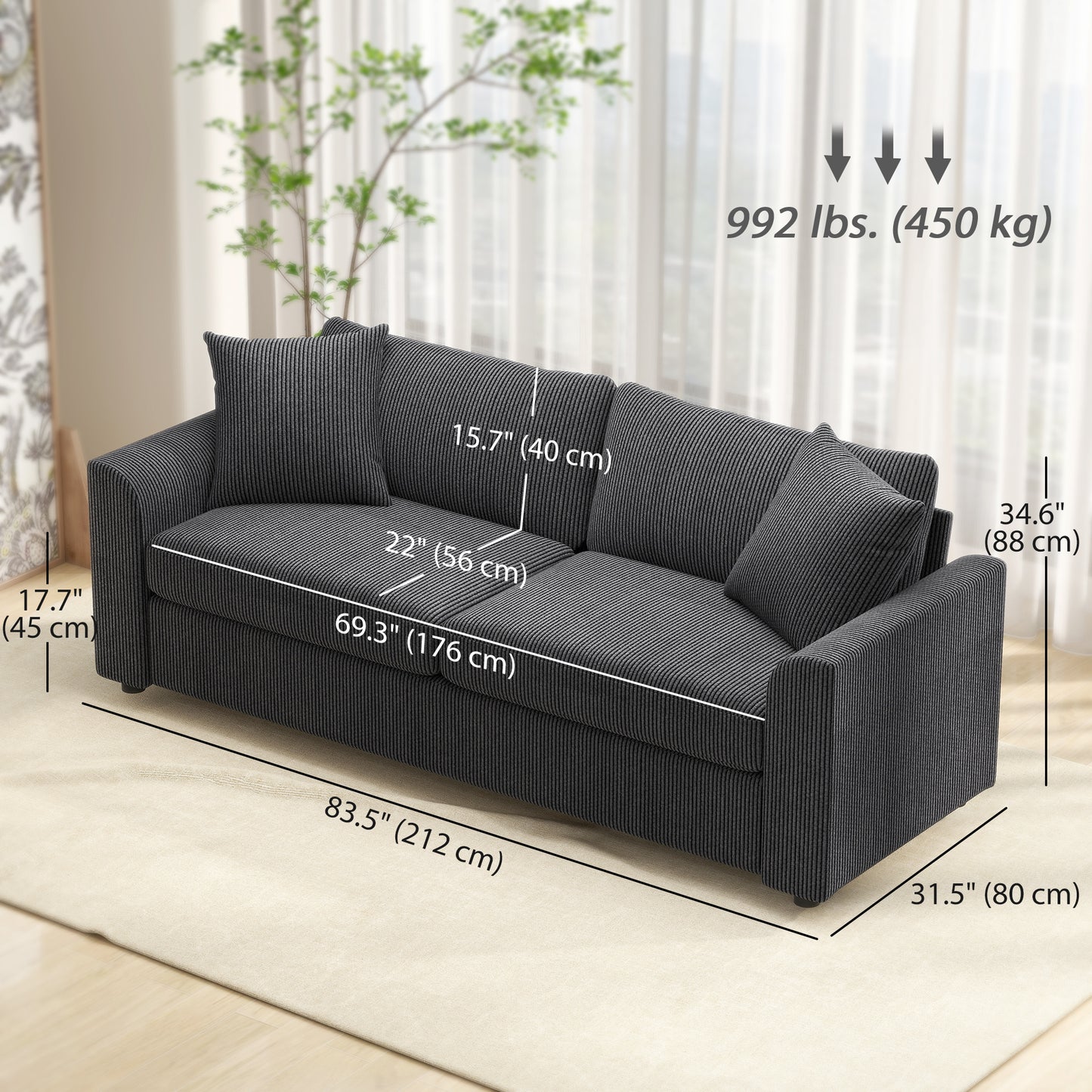 Canapé 3 places avec ressorts ensachés et 2 coussins décoratifs, gris foncé