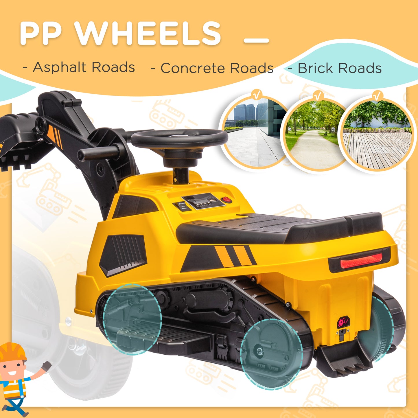 6V Electric Ride-On Tractor, 3-in-1 Electric Ride-On Excavator, Bulldozer, for 18-48 Months - Yellow