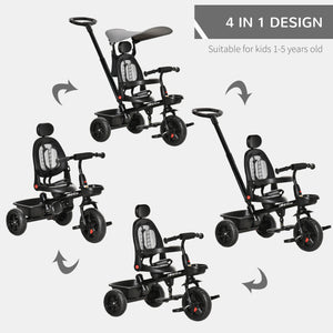 Tricycle 4 en 1 avec siège réglable à angle réversible, poignée amovible, gris