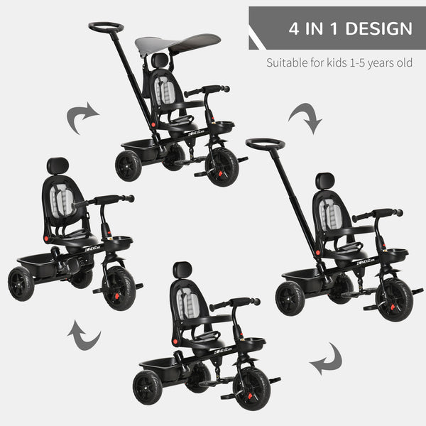 Tricycle 4 en 1 avec siège réglable à angle réversible, poignée amovible, gris