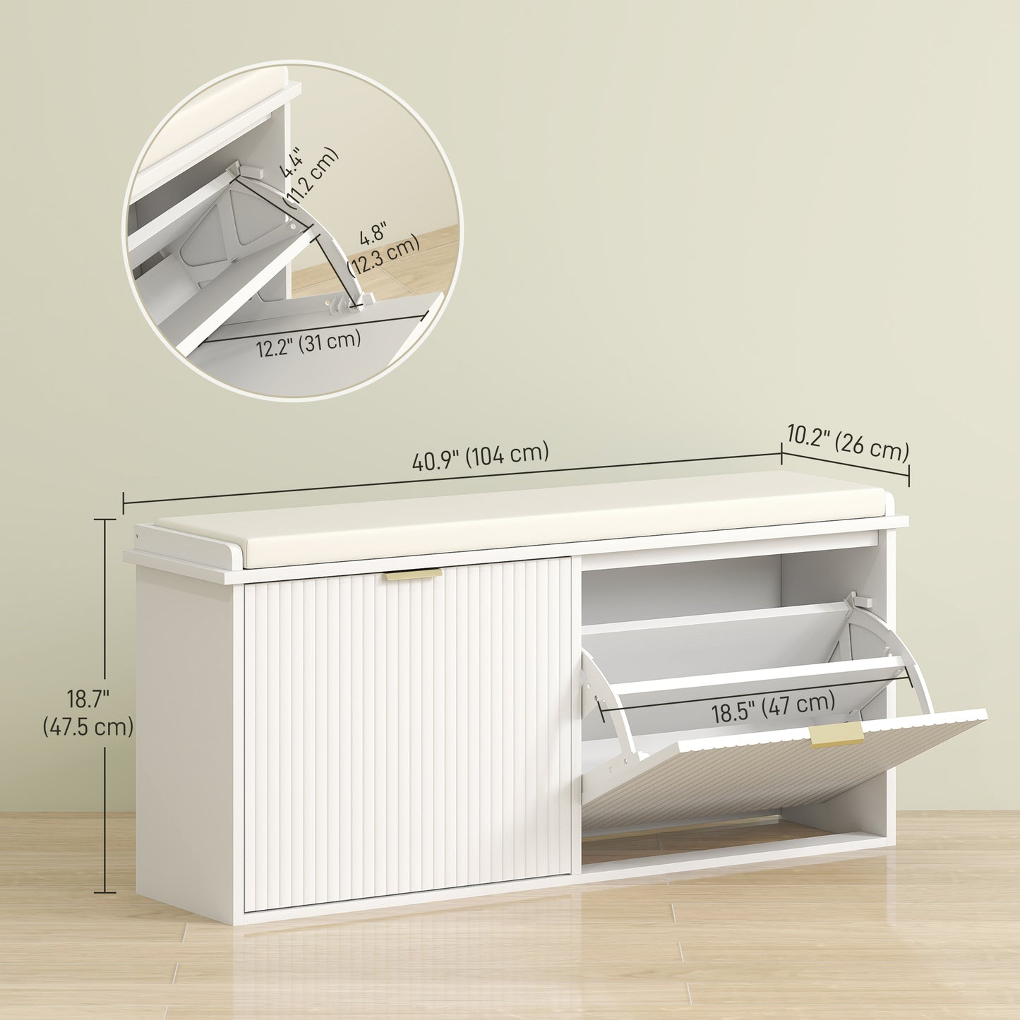 HOMCOM Hallway Bench with Upholstered Seat and Drop-Down Drawers, Load Capacity up to 240 kg, Storage for 10 Pairs of Shoes, White