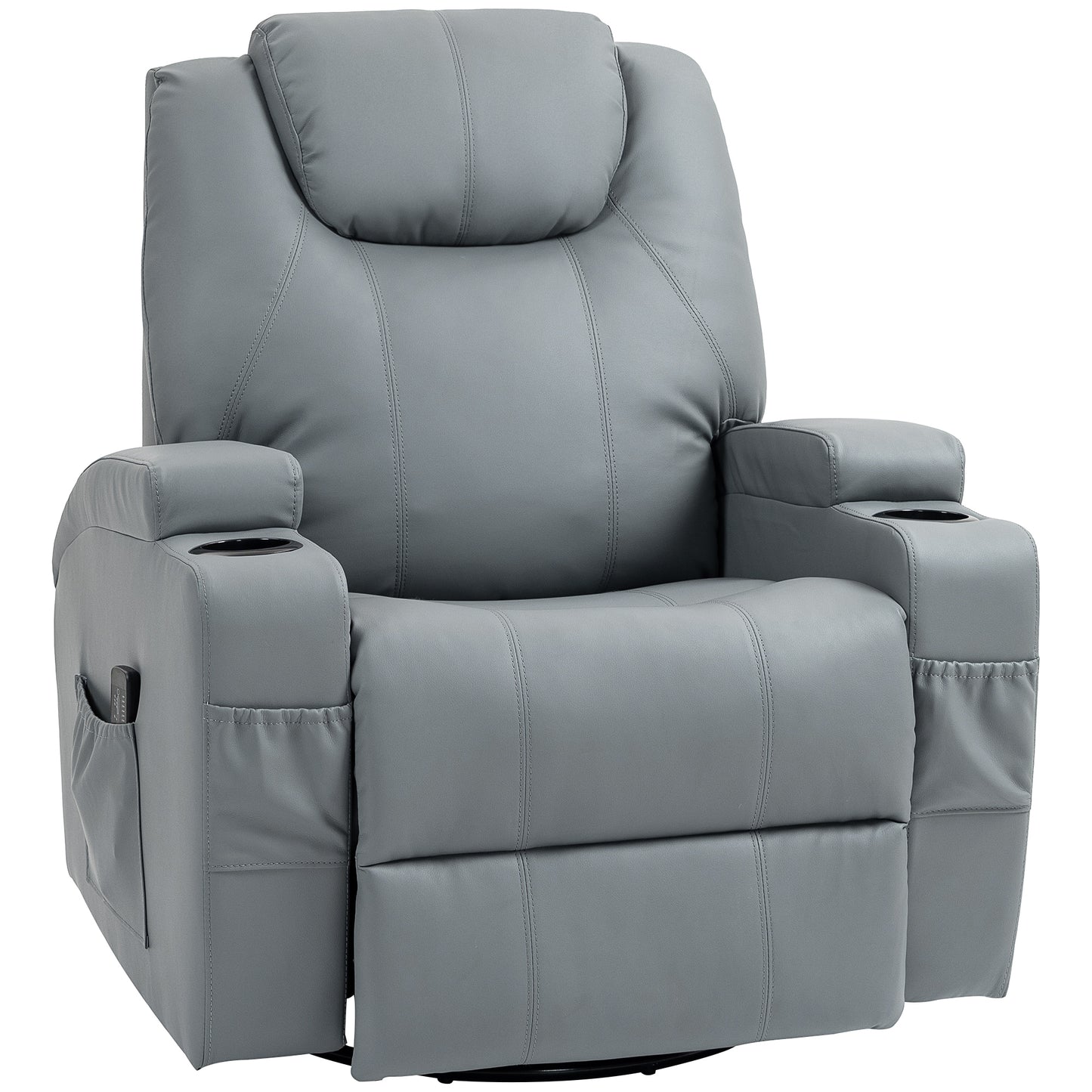 Fauteuil massant inclinable manuel pivotant avec 8 points de vibration et porte-gobelets, gris clair