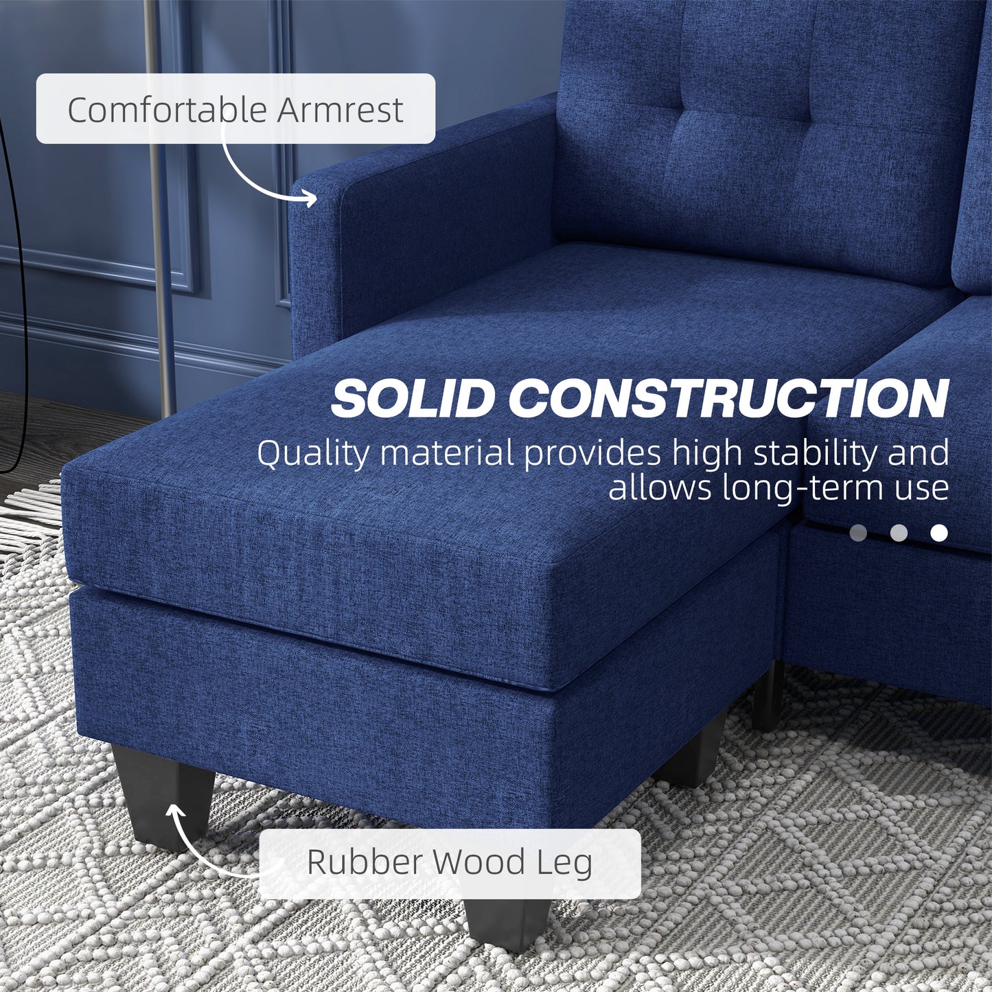 HOMCOM L-Shaped Corner Sofa, 3 Seater Sectional Sofa with Ottoman, Thick Cushion and Wooden Legs, Dark Blue