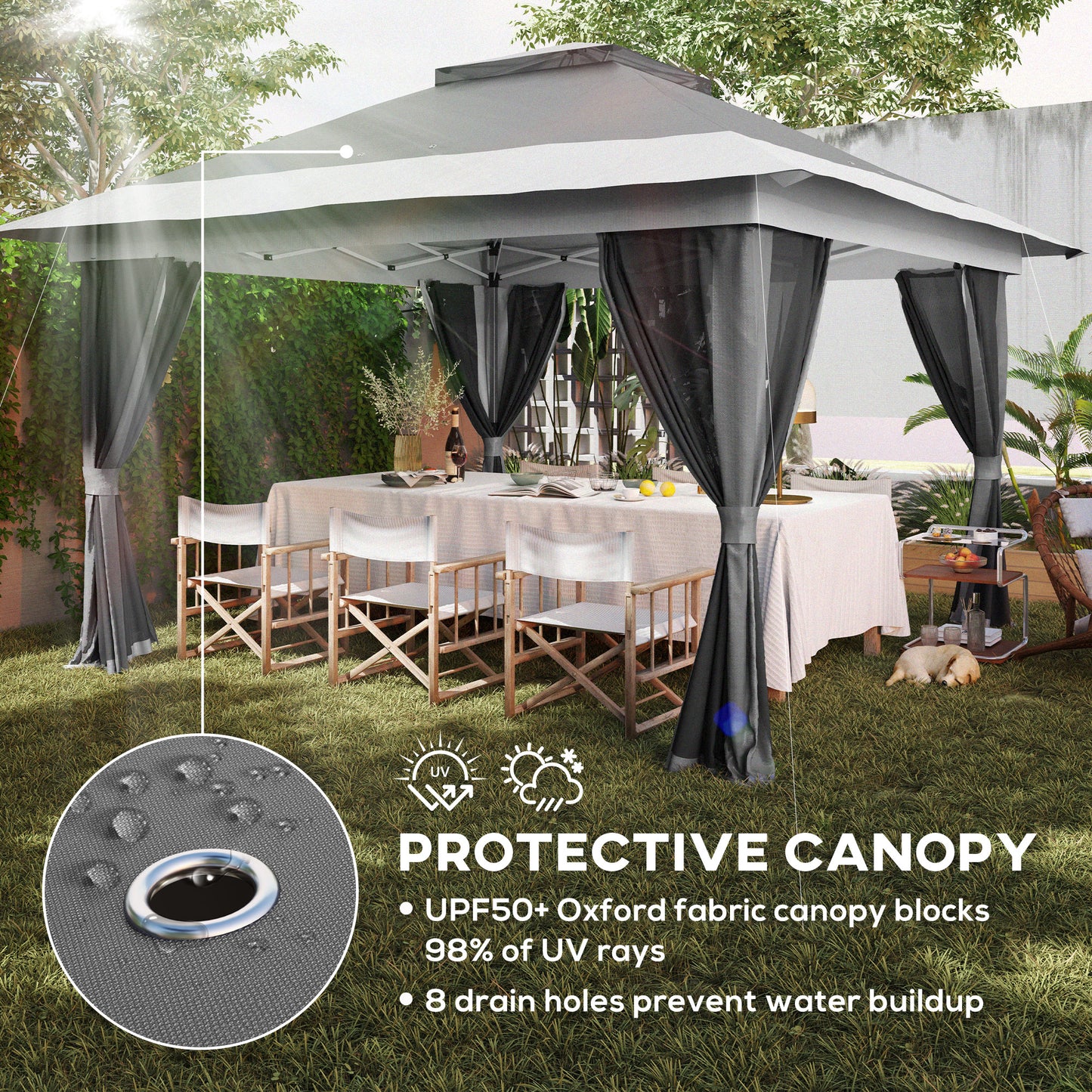 Gazebo 11,7' x 11,7' avec filet, abri solaire instantané UPF50+ avec sac de transport à roulettes et sacs de sable