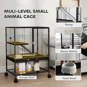 Cage roulante pour petits animaux avec plateau amovible et étagère de rangement, noire