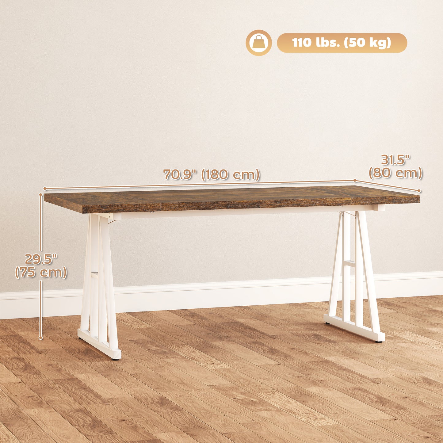 Table de cuisine style Farmhouse pour 8 personnes, rectangulaire avec plateau épais et pieds en tréteaux en acier, marron et blanc