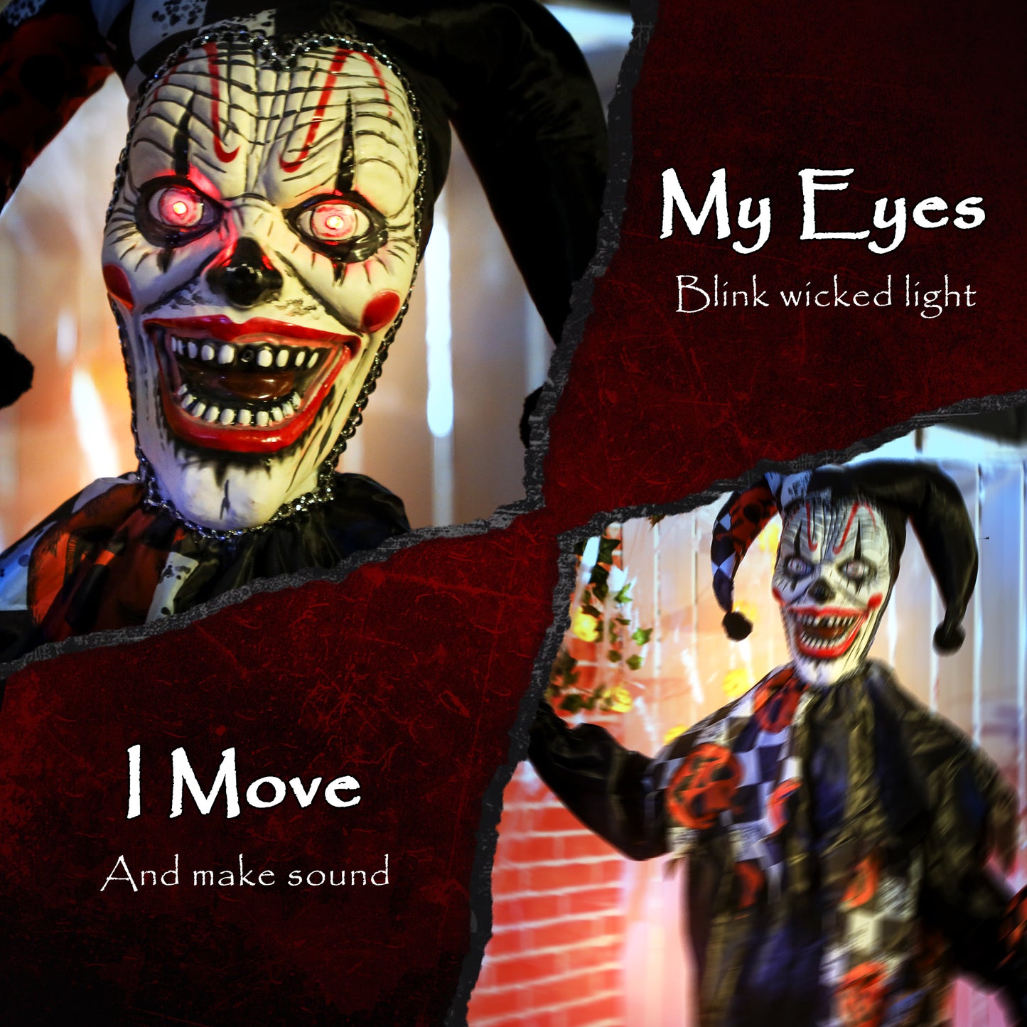 Clown animé grandeur nature, yeux rouges lumineux, décorations d'Halloween effrayantes activées par le son