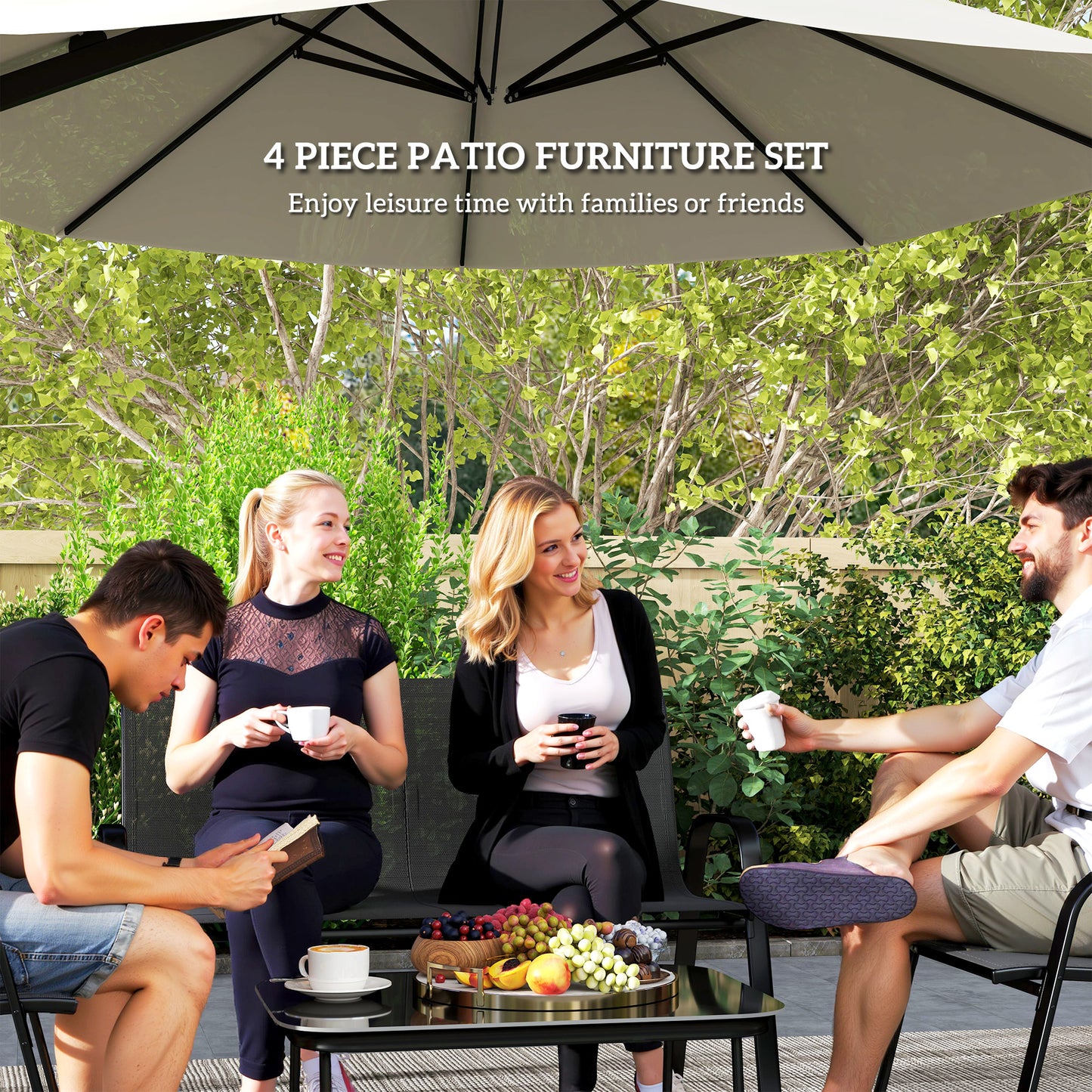 Outsunny 4 Piece Outdoor Furniture Set with 2 Stacking Chairs, 1 Loveseat, 1 Patio Lounge Set and 1 Glass Coffee Table, Black
