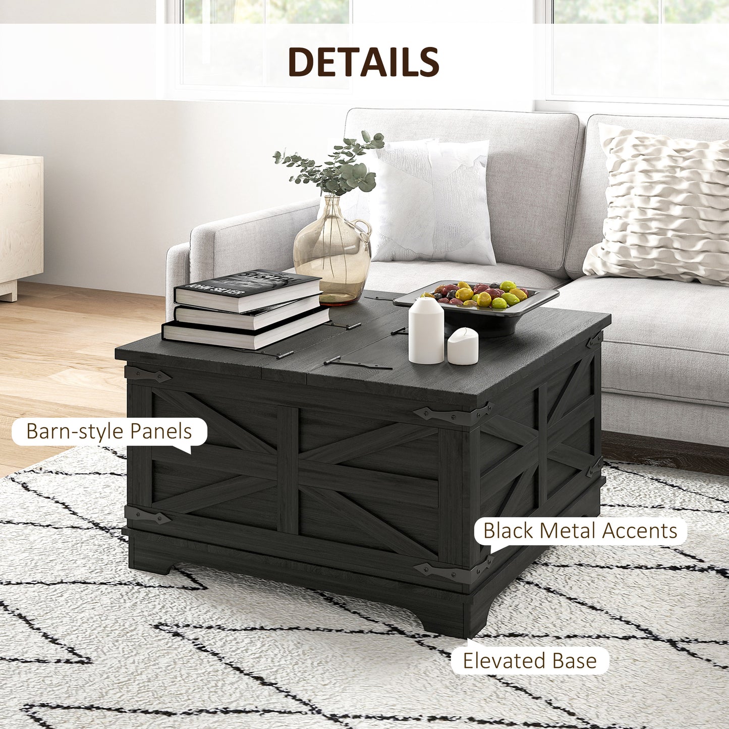 Table basse Farmhousemavec couvercles rabattables, compartiment de rangement dissimulé, noire