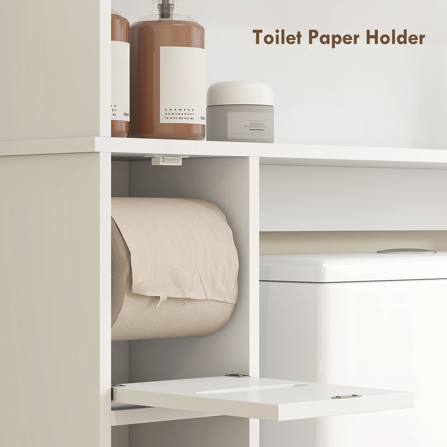 Toilet storage cabinet with adjustable shelf, paper holder, white