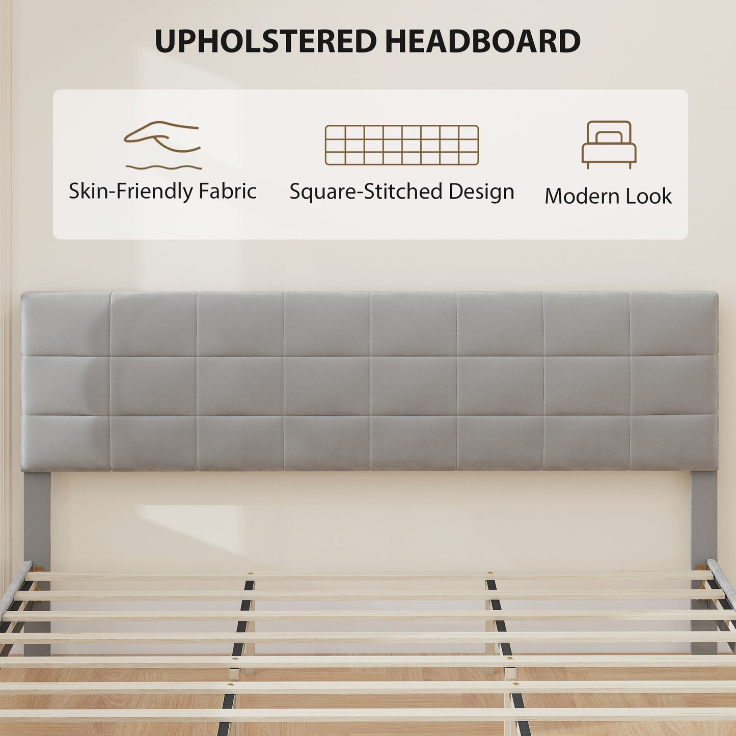 King size bed frame with upholstered headboard, wooden slats, 500 kg load capacity, grey