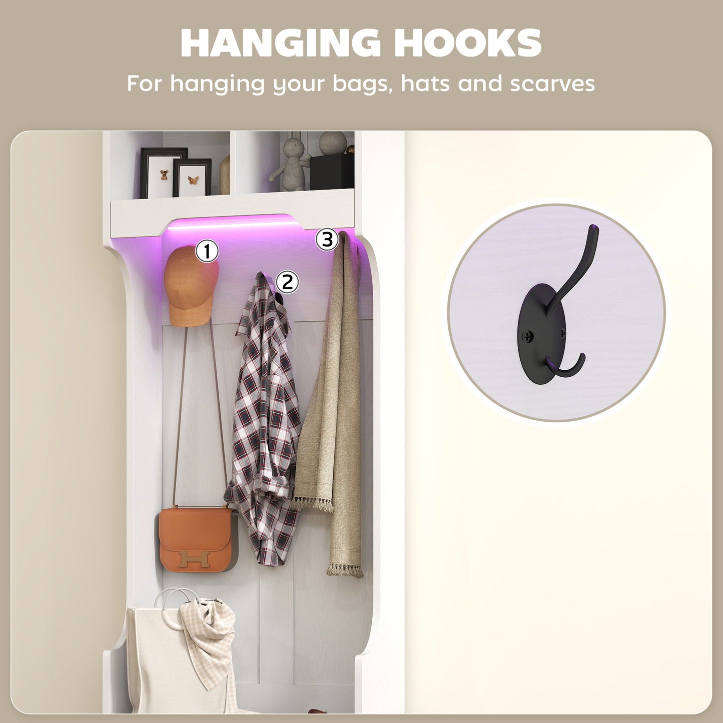 Meuble d'entrée 3 en 1 avec éclairage LED et banc, porte-manteau et rangement pour chaussures, grain de bois blanc