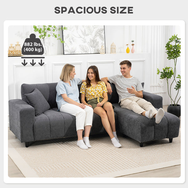 Canapé sectionnel avec assise intégrée, méridienne amovible, 2 coussins, gris