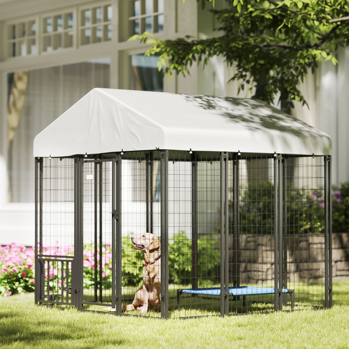 Outdoor Dog Kennel with Waterproof and UV Resistant Cover, 4-Level Rotating and Adjustable Bowls, 1.8 x 1.8 x 1.8 m