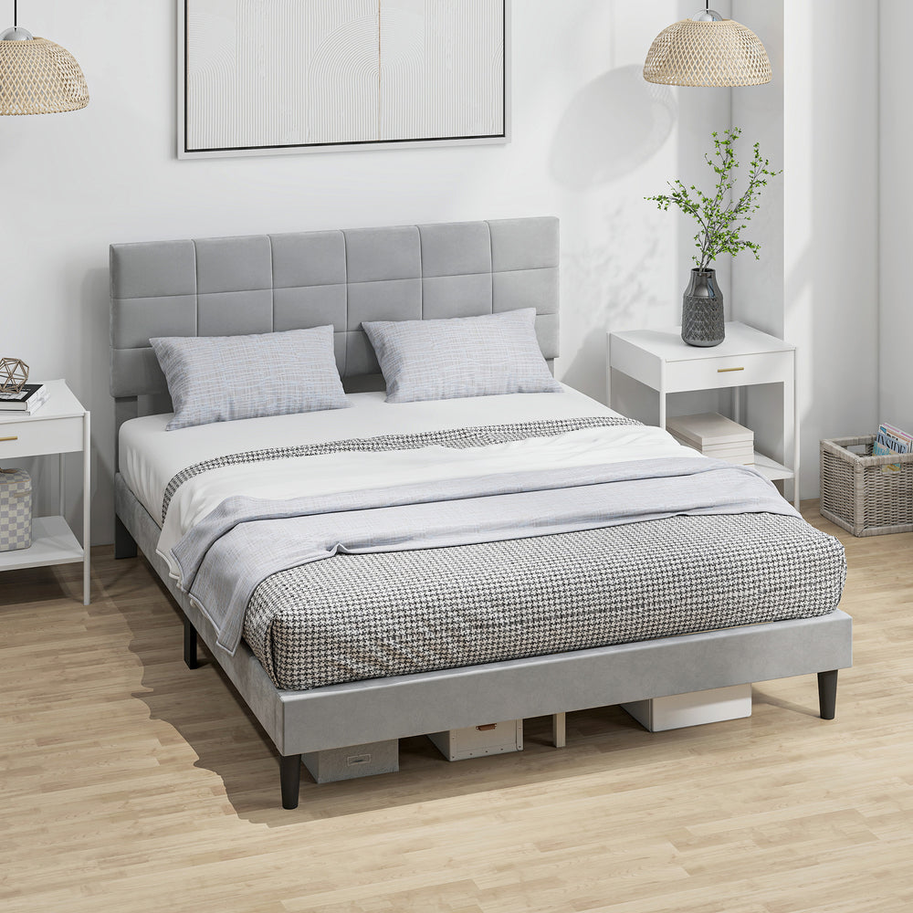 Base de lit Queen Size avec tête de lit rembourrée, gris