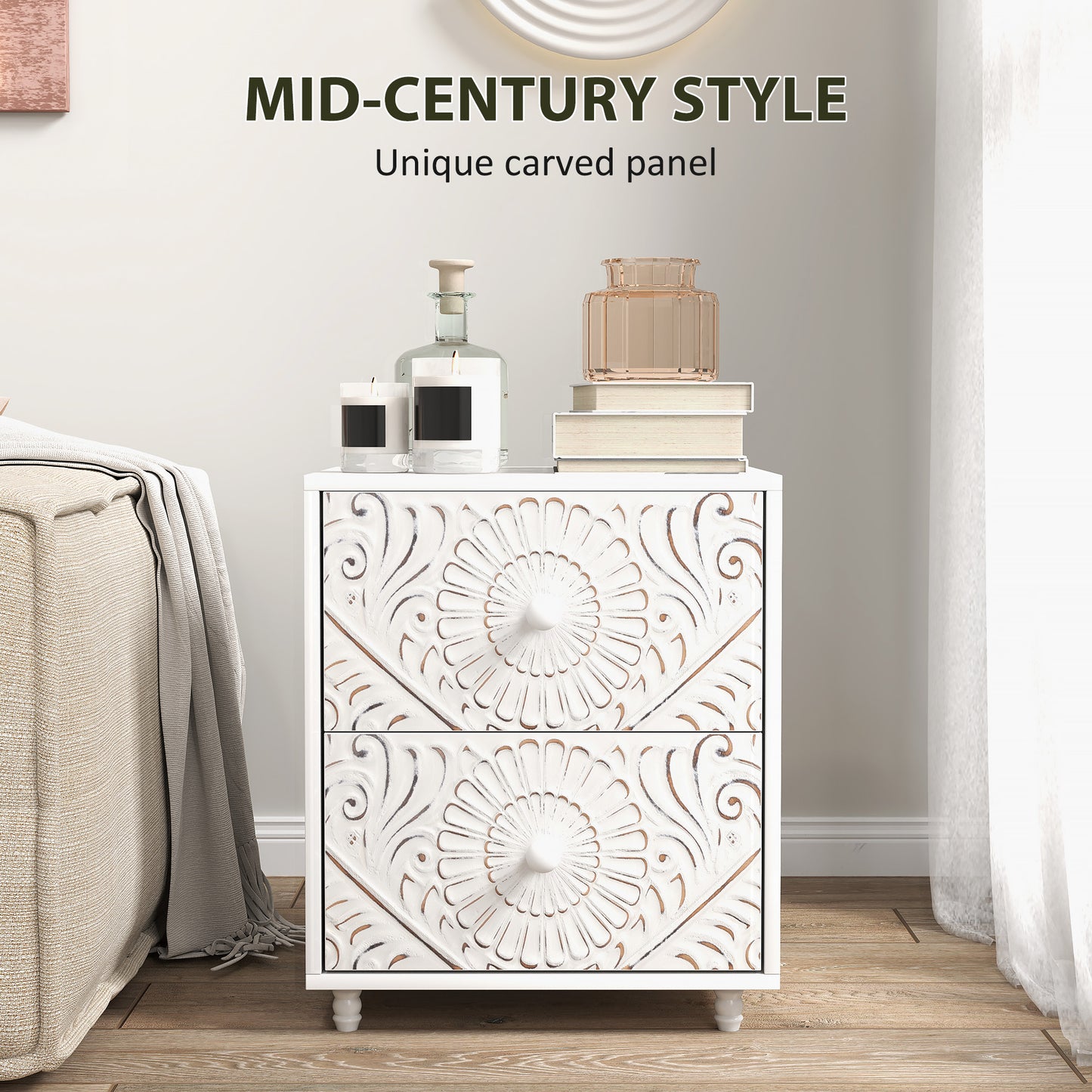 Table de chevet style milieu de siècle avec 2 tiroirs pour chambre à coucher, blanche