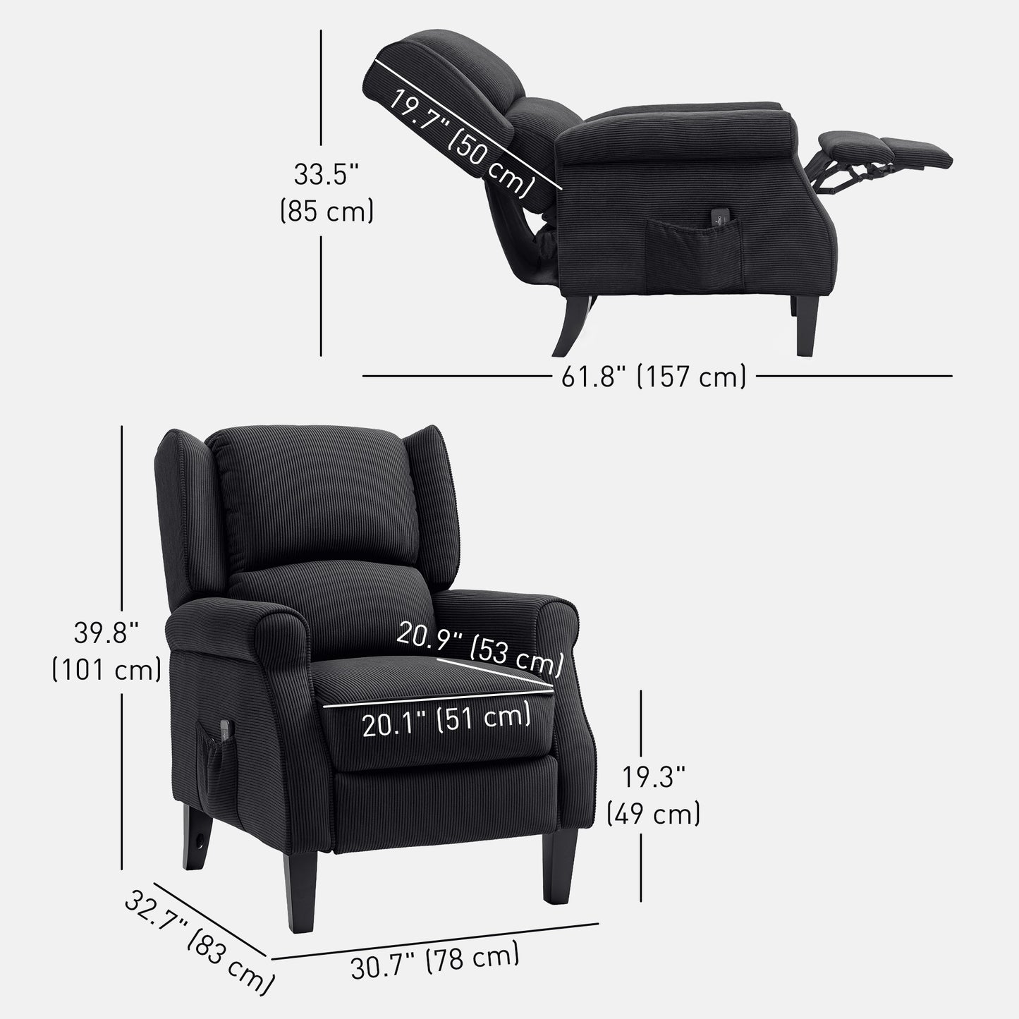 Fauteuil de massage par vibrations pour salon, avec repose-pieds extensible, télécommande, poche, noir