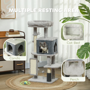Arbre à chat de 104 cm avec griffoirs, panier, niche, brosse de toilettage