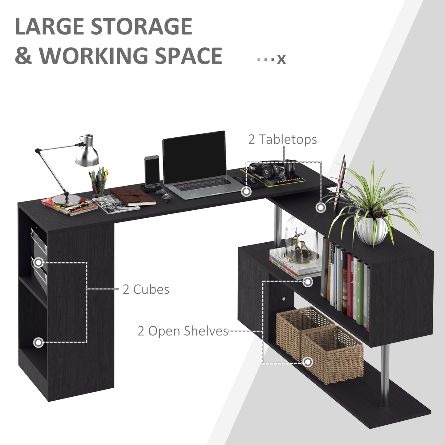 Bureau d'angle pivotant à 360° avec étagères à 3 niveaux, noir