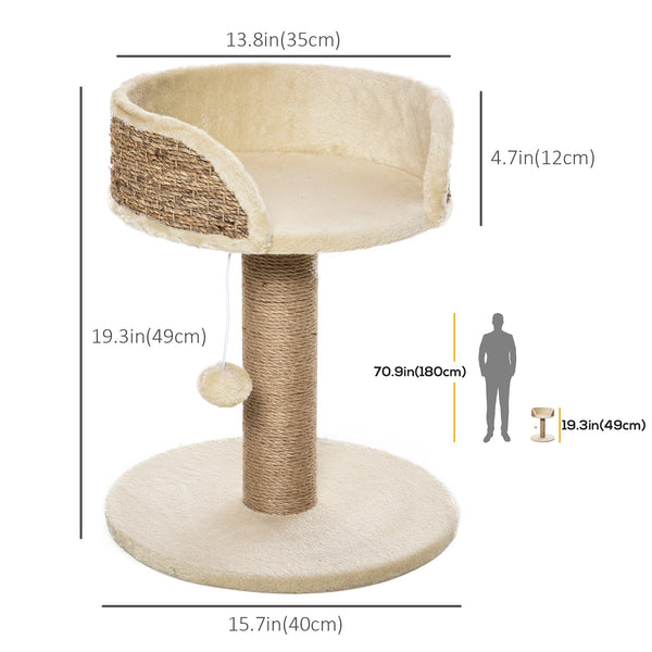 Cat tree with scratching post, play ball, perch and small tower, beige