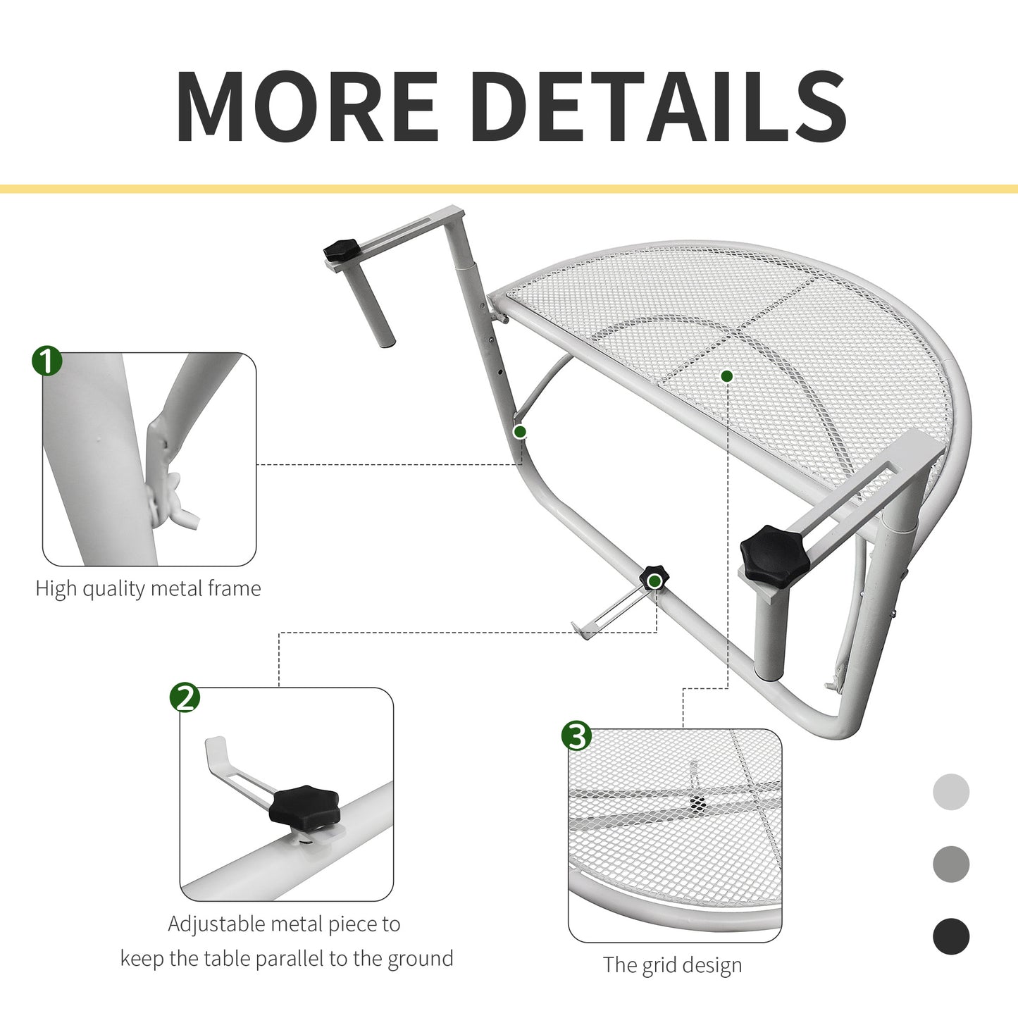 Adjustable metal balcony table, half-round serving table, white