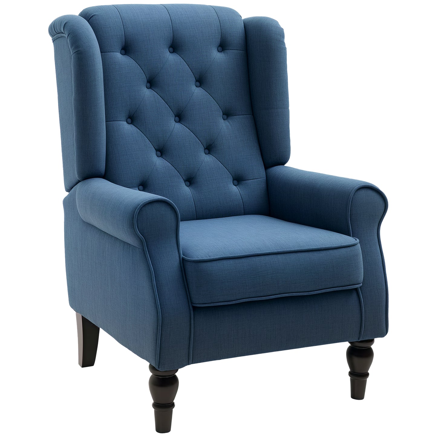 Upholstered accent chair with wooden legs, rounded armrests, thick padding, blue
