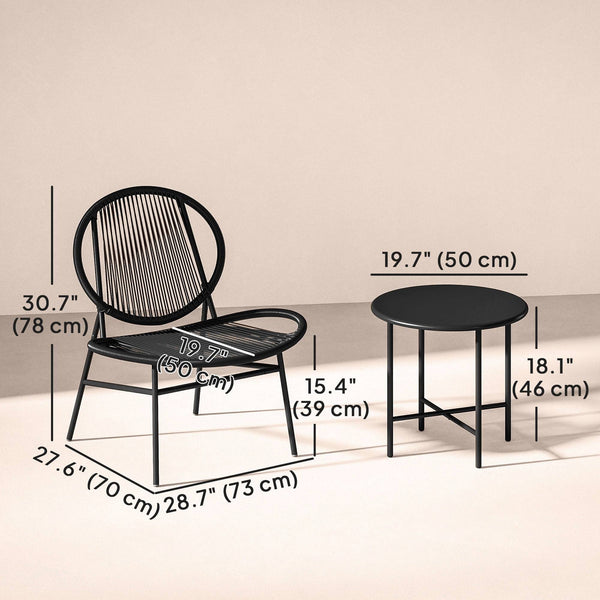 3 Piece Wicker Patio Furniture Set with Steel Table for Porch and Balcony, Black