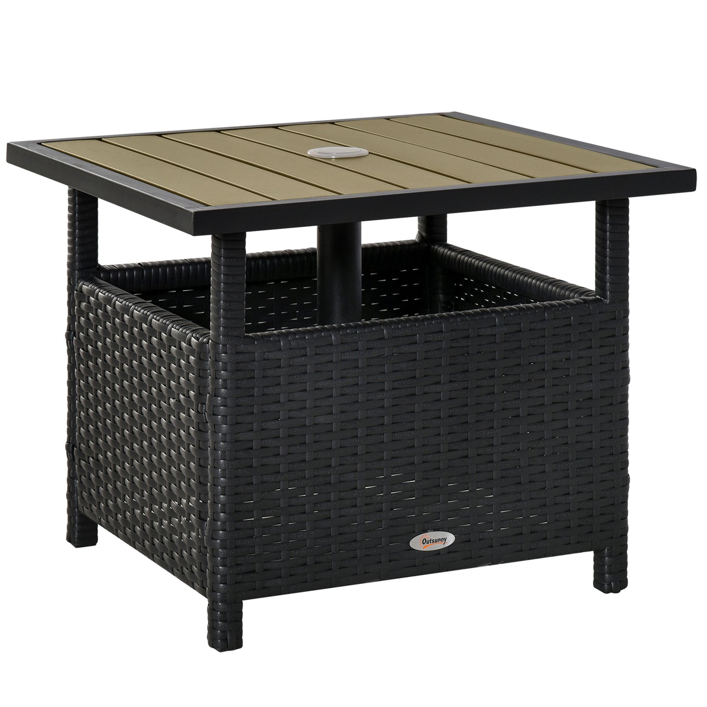 Outsunny 55cm Square Rattan Table with Umbrella Hole, Outdoor Dining Side Table, Can Be Used as an Umbrella Stand, Black