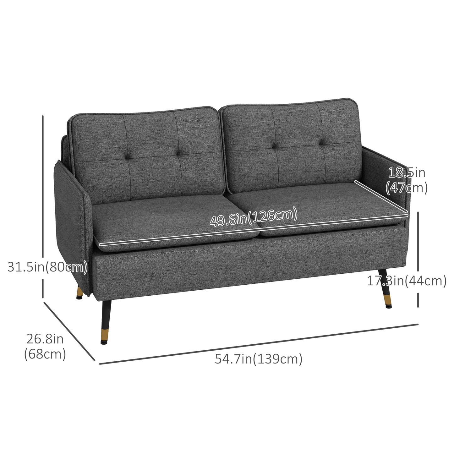Canapé causeuse moderne 55 pouces, en tissu avec dossier capitonné et pieds en acier, gris foncé