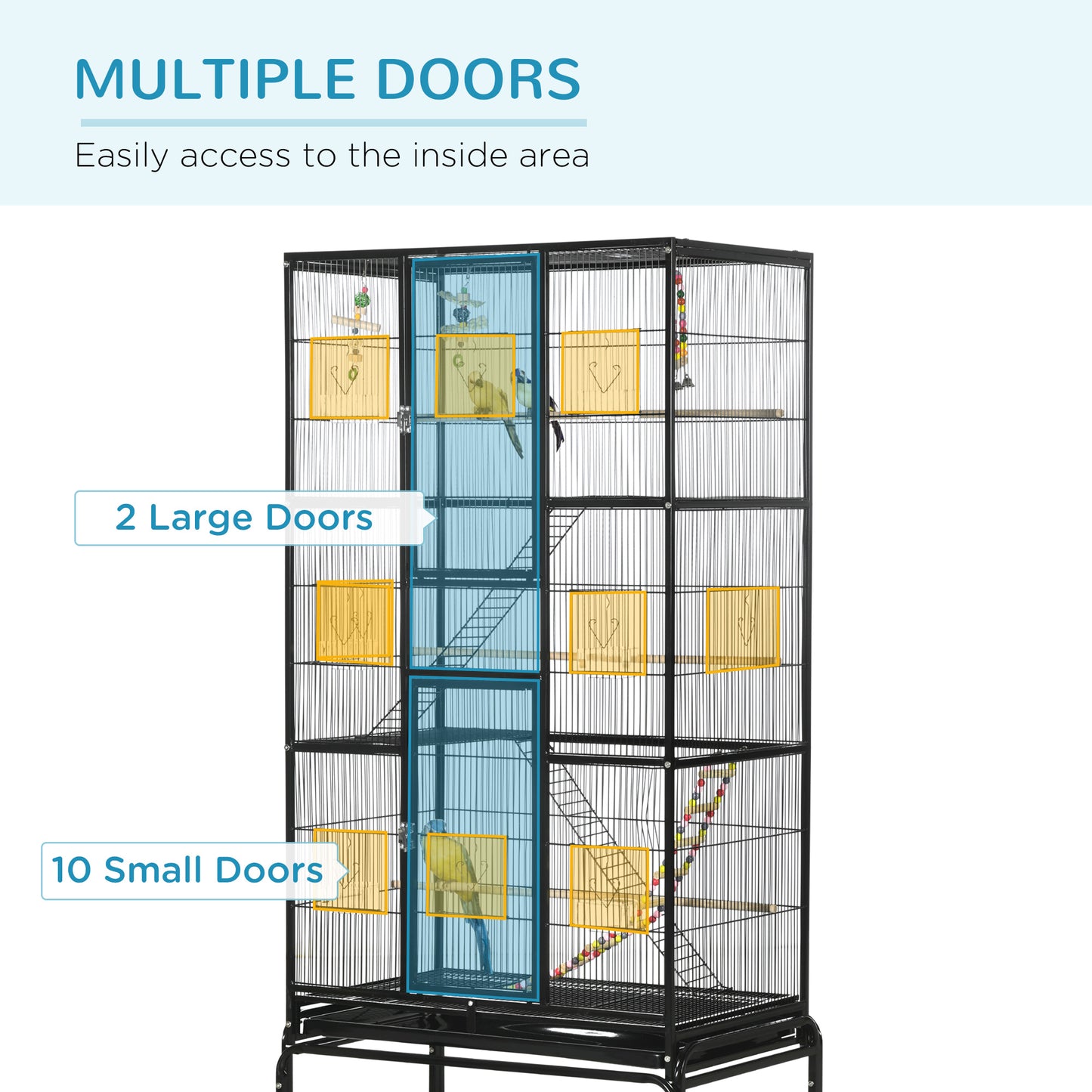 Cage à oiseaux avec roulettes, perchoirs, rampe, étagère de rangement, jouets pour canaris, pinsons, calopsittes et perruches, noire