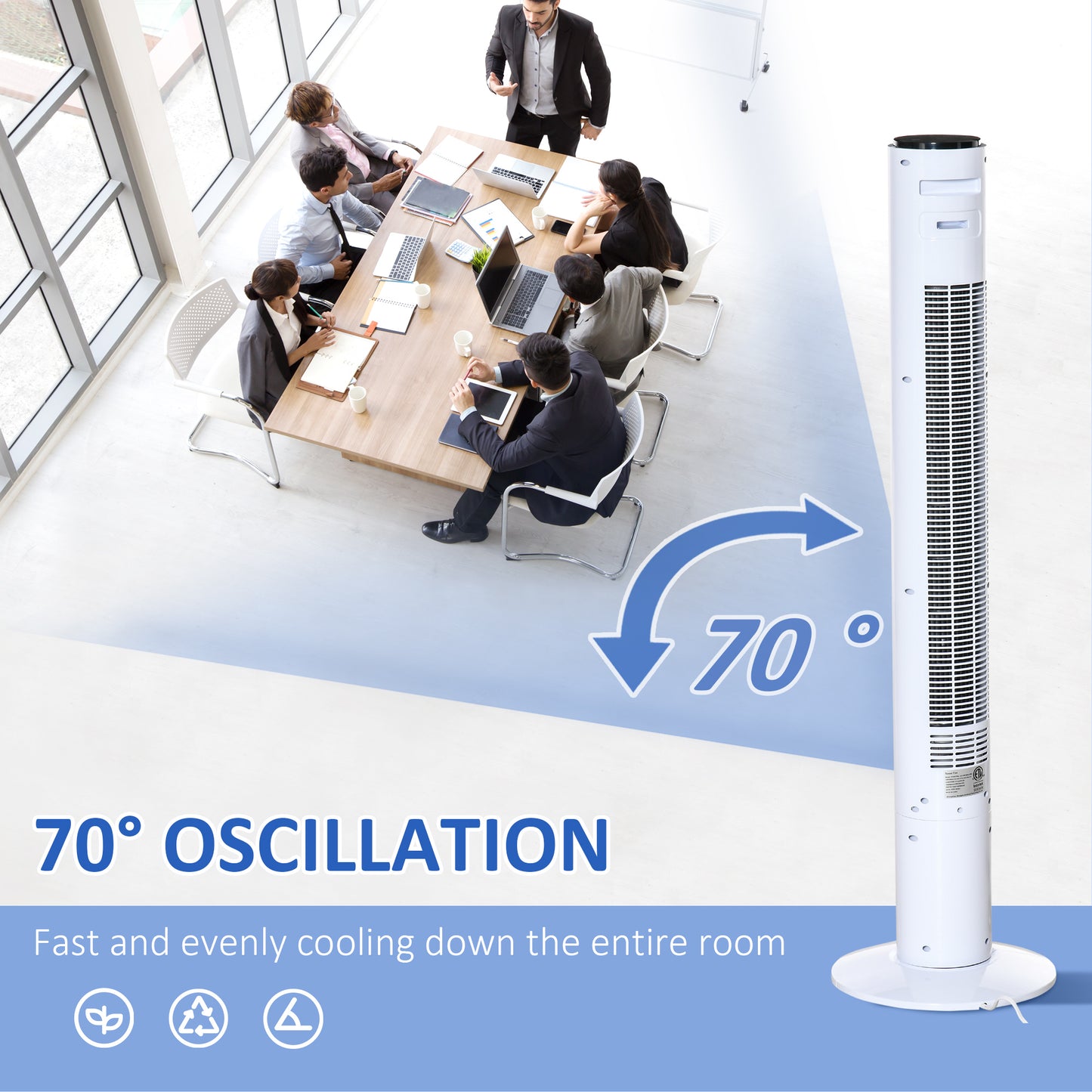Ventilateur tour autonome 3 vitesses, minuterie 12 h, panneau de capteur LED, télécommande, blanc