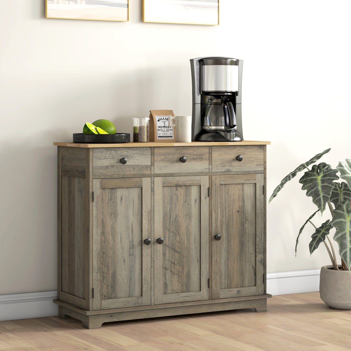 Buffet moderne avec rangements, tiroirs et étagères réglables pour salon, gris délavé