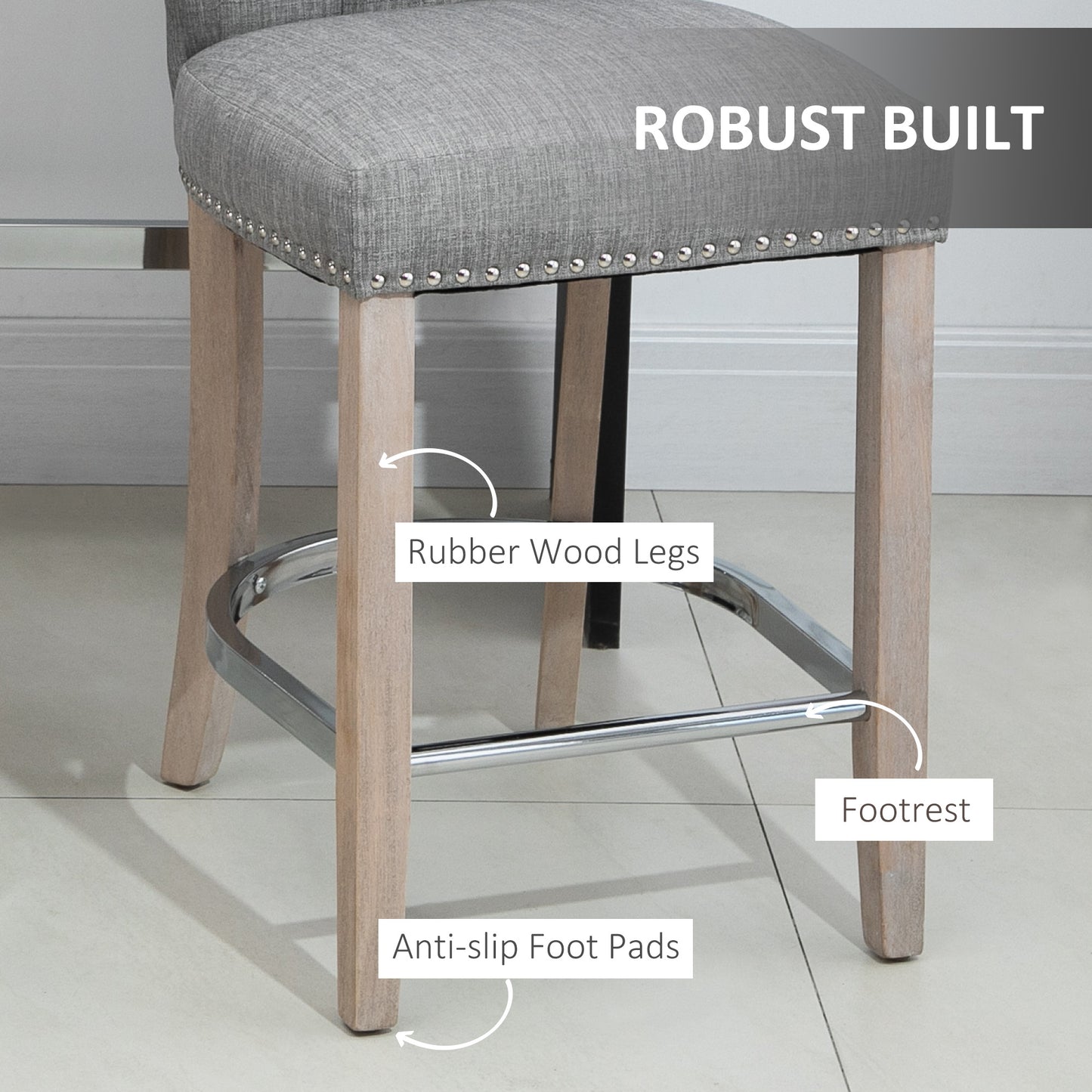 Set of 2 Upholstered Counter Height Bar Stools with Tufted Backrest, Wooden Legs and Footrest, Grey