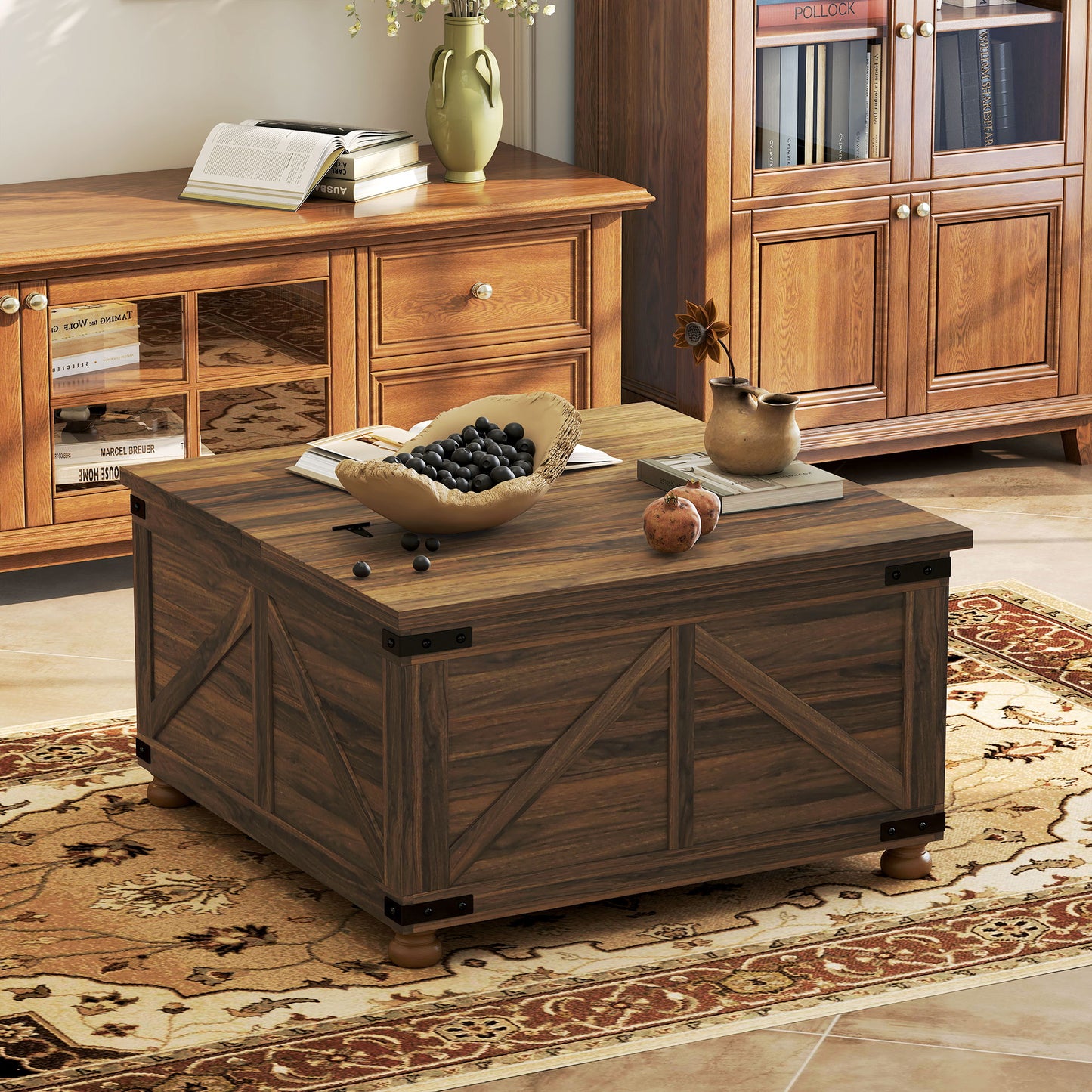 Table basse avec plateau relevable de style campagnard avec compartiment caché, grain de bois brun
