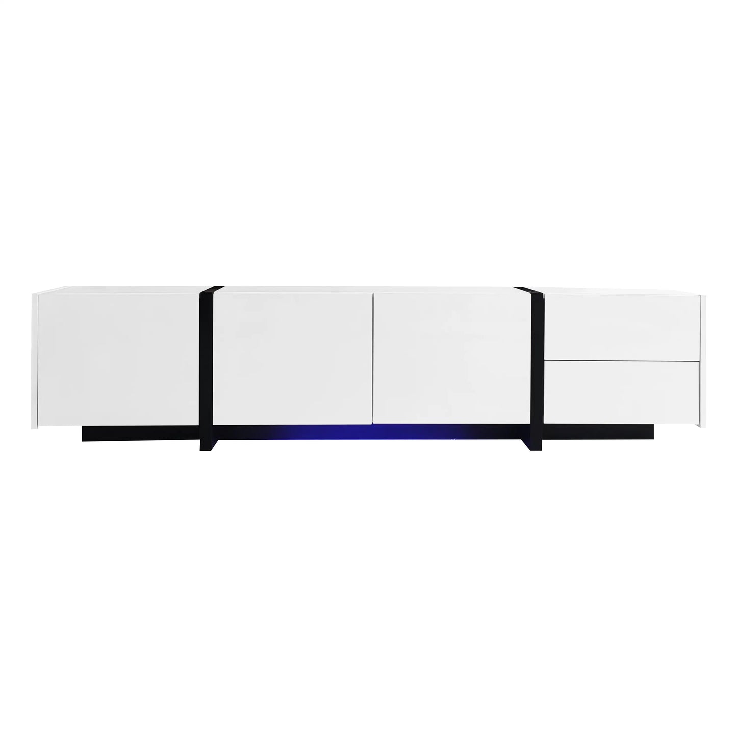 Meuble TV moderne avec finition brillante, grand espace de rangement avec tiroirs et armoires, blanc