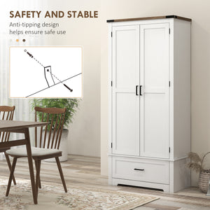Country style pantry cabinet with 2 doors, drawer and adjustable shelves, white