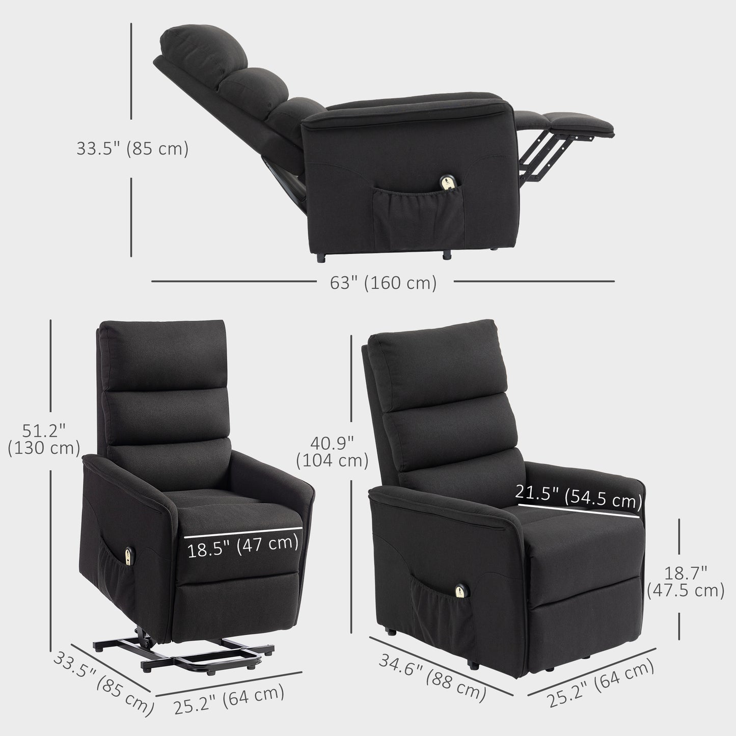 Fauteuil releveur et inclinable électrique avec télécommande, poches latérales, noir