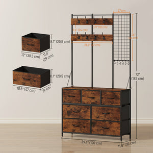 4-in-1 Coat Rack with 7-Drawer Fabric Chest and 14 Hooks, Rustic Brown