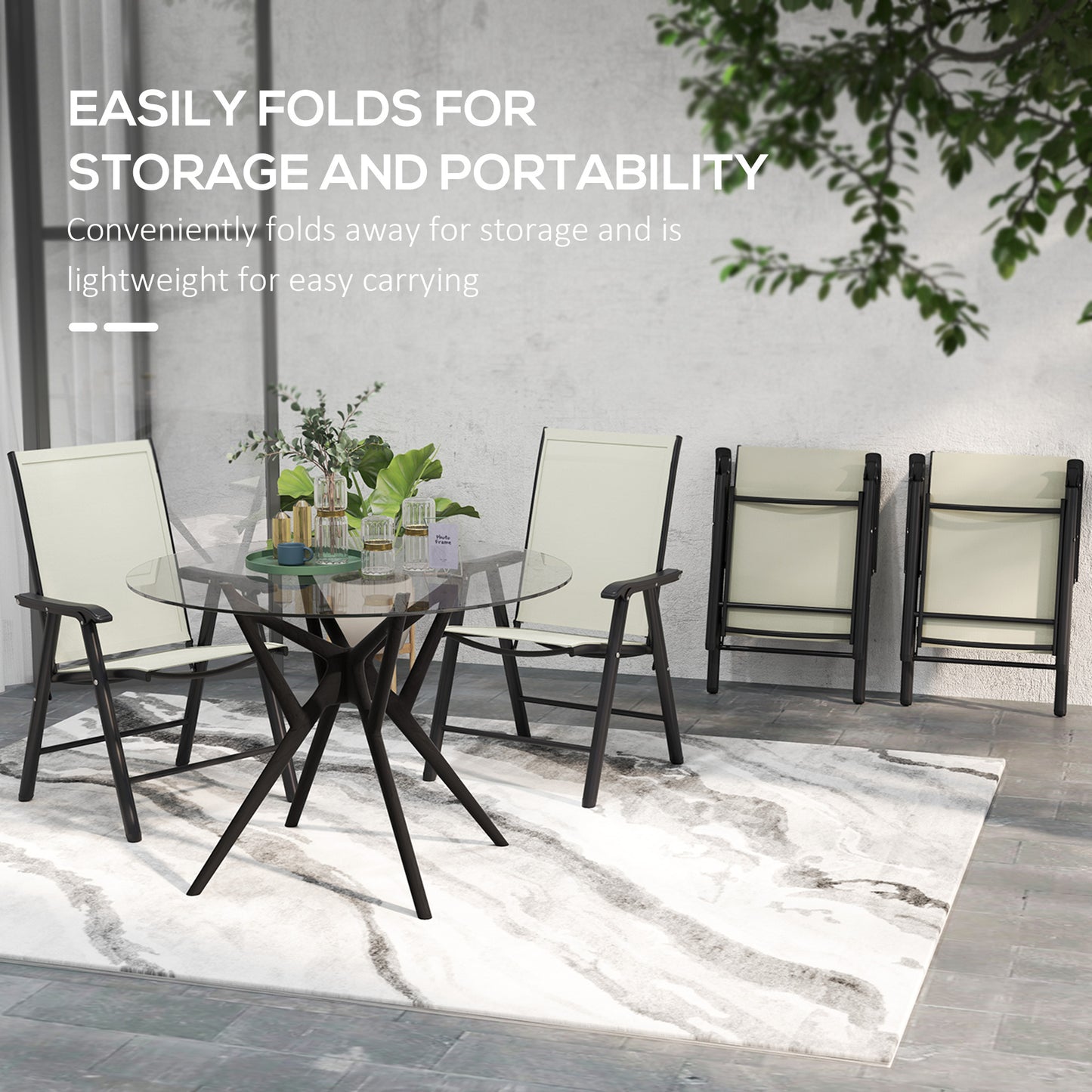 Ensemble de 4 chaises pliantes d'extérieur confortable avec accoudoirs, beige