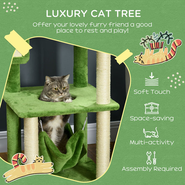 56" Cat Tree with Hammock, Scratching Post, Platforms, Play Ball, Green