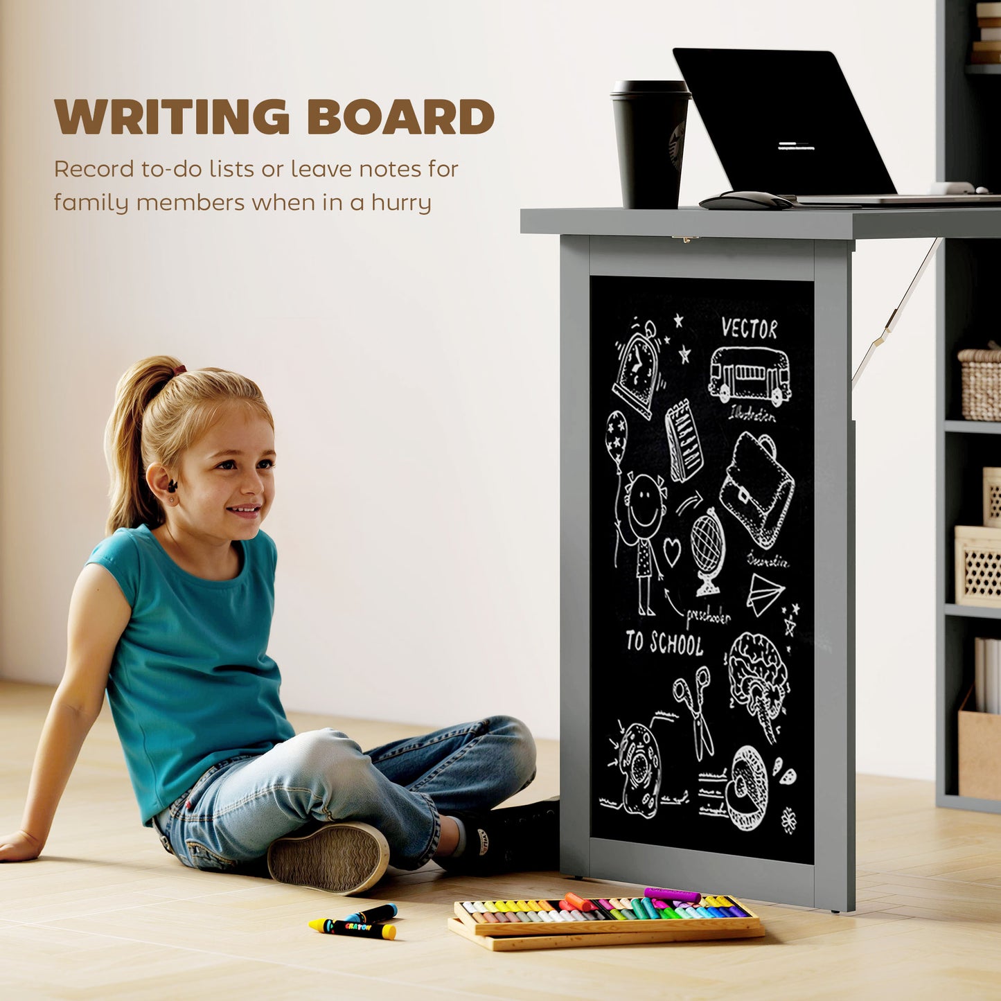 Bureau d'ordinateur mural pliable et convertible avec tableau noir et étagère latérale, gris anthracite